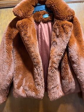 MinkPink Plush Faux Fur Jacket in Rust Brown